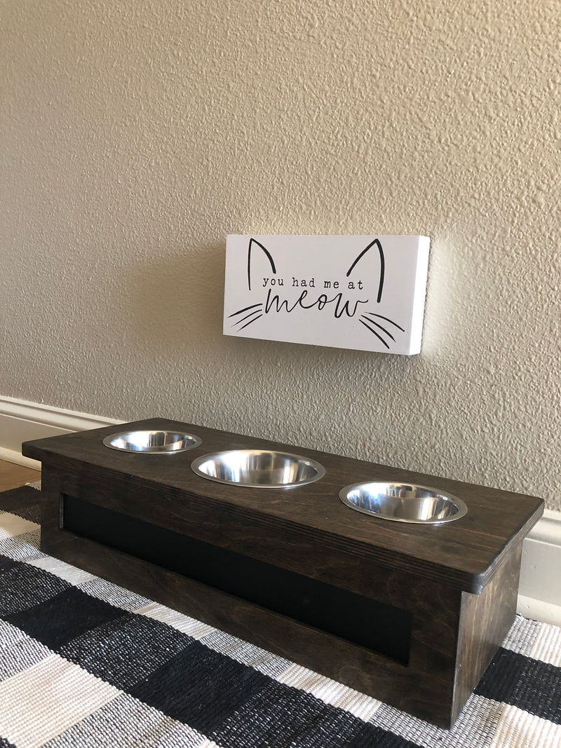 Three Bowl Small Size Elevated Pet Feeder in Dark Brown with a Chalkboard Front (DK BRWN-chalk | 3 bowl 4”)