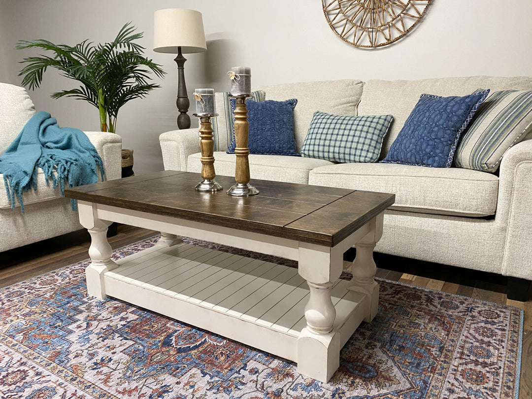 Rustic baluster rectangle farmhouse coffee table distressed dark brown stain