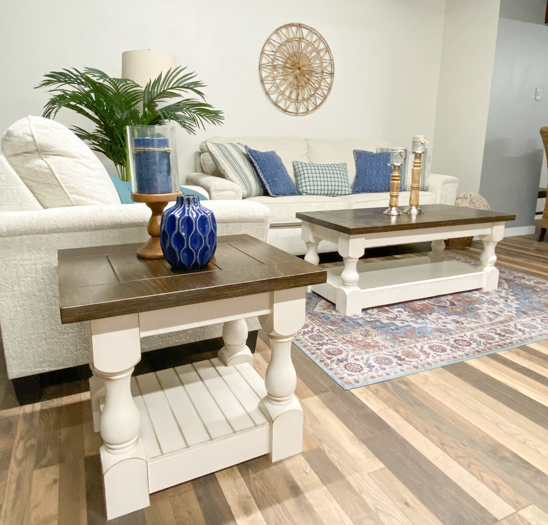 Rustic baluster rectangle farmhouse coffee table distressed dark brown stain