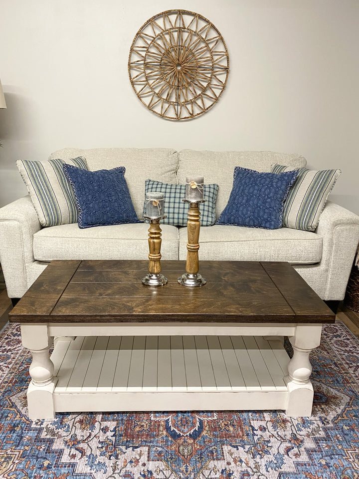 Rustic baluster rectangle farmhouse coffee table distressed dark brown stain