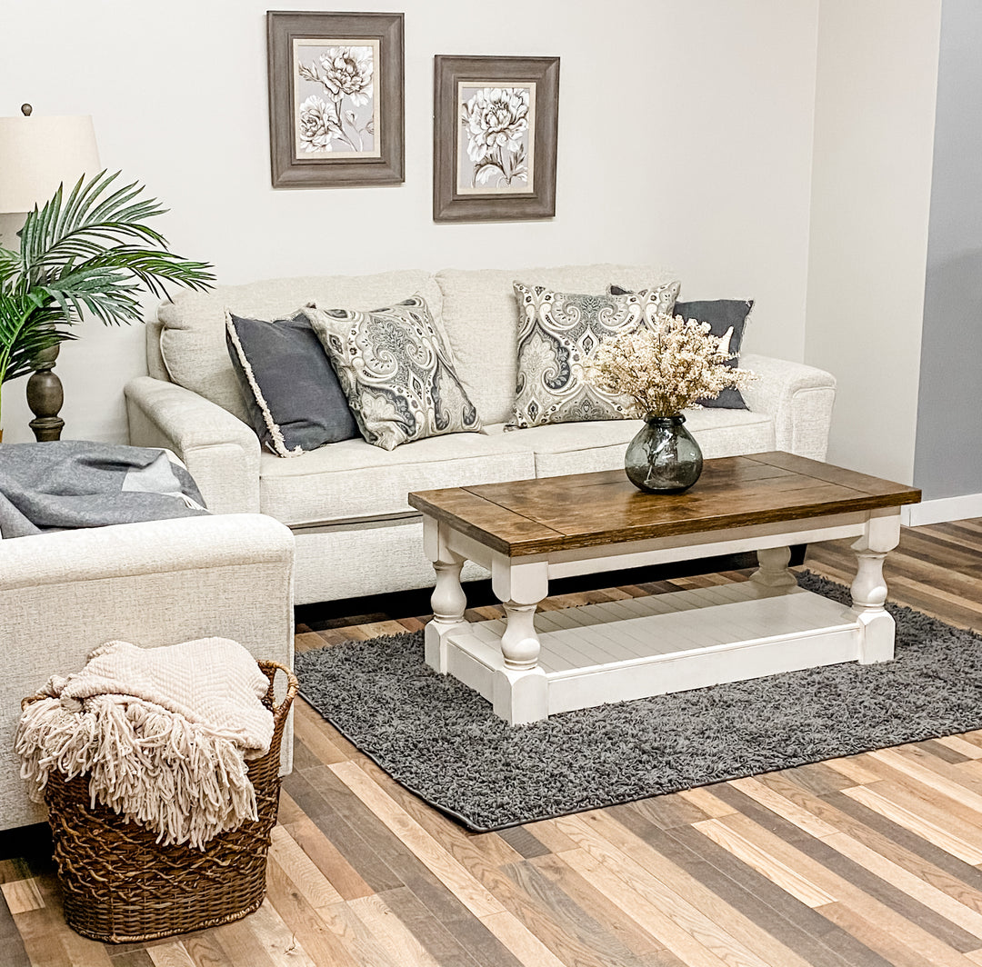 Baluster rectangle farmhouse coffee table distressed with warm brown top