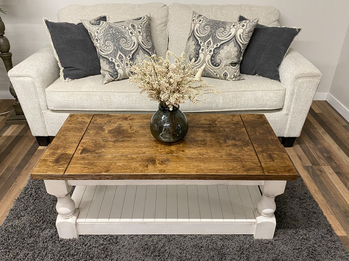 Baluster rectangle farmhouse coffee table distressed with warm brown top