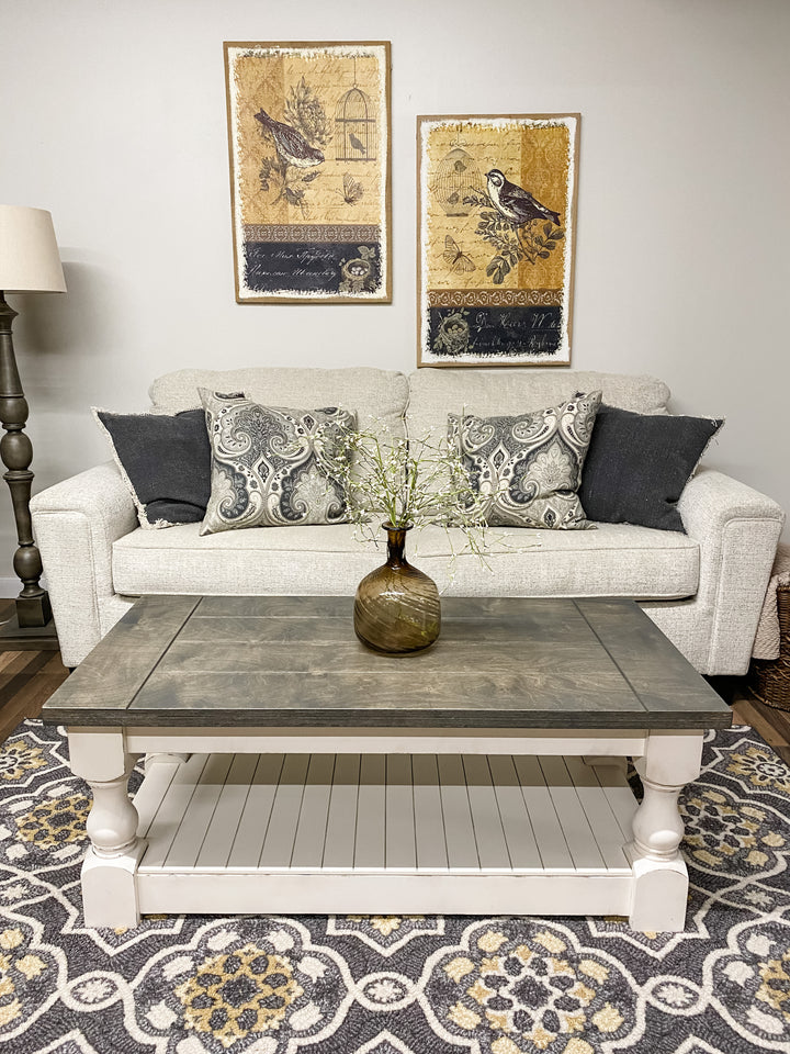 Rustic baluster rectangle farmhouse coffee table distressed aged barrel