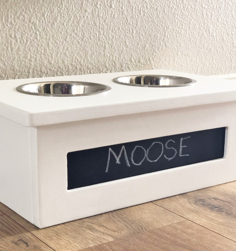 Two Bowl Small Size Elevated Pet Feeder in White with a Chalkboard Front (W-chalk | 2 bowl 4”)