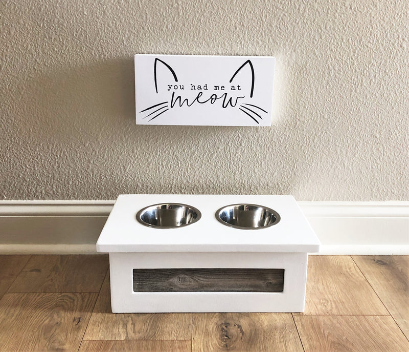 Two Bowl Small Size Elevated Pet Feeder in White with a Cedar Look Front (W-cedar | 2 bowl 4”)