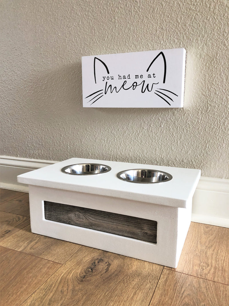 Two Bowl Small Size Elevated Pet Feeder in White with a Cedar Look Front (W-cedar | 2 bowl 4”)