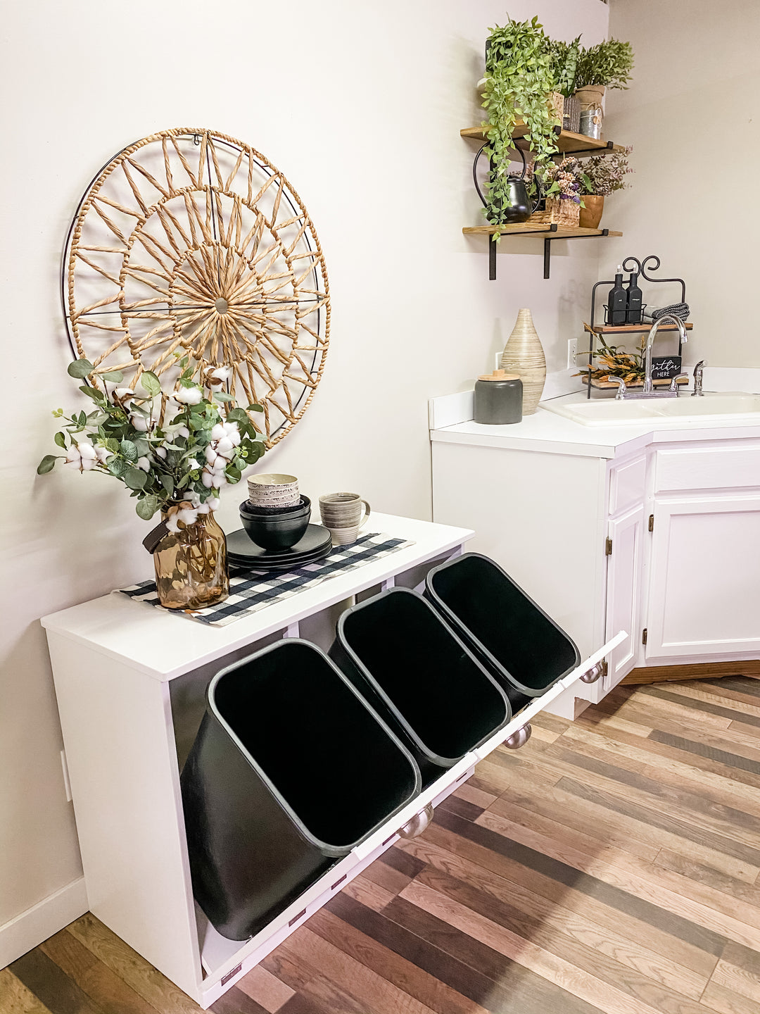 Slim style 3 bin trash cabinet in white