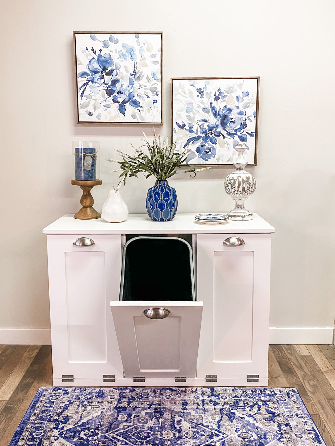 Slim style 3 bin trash cabinet in white