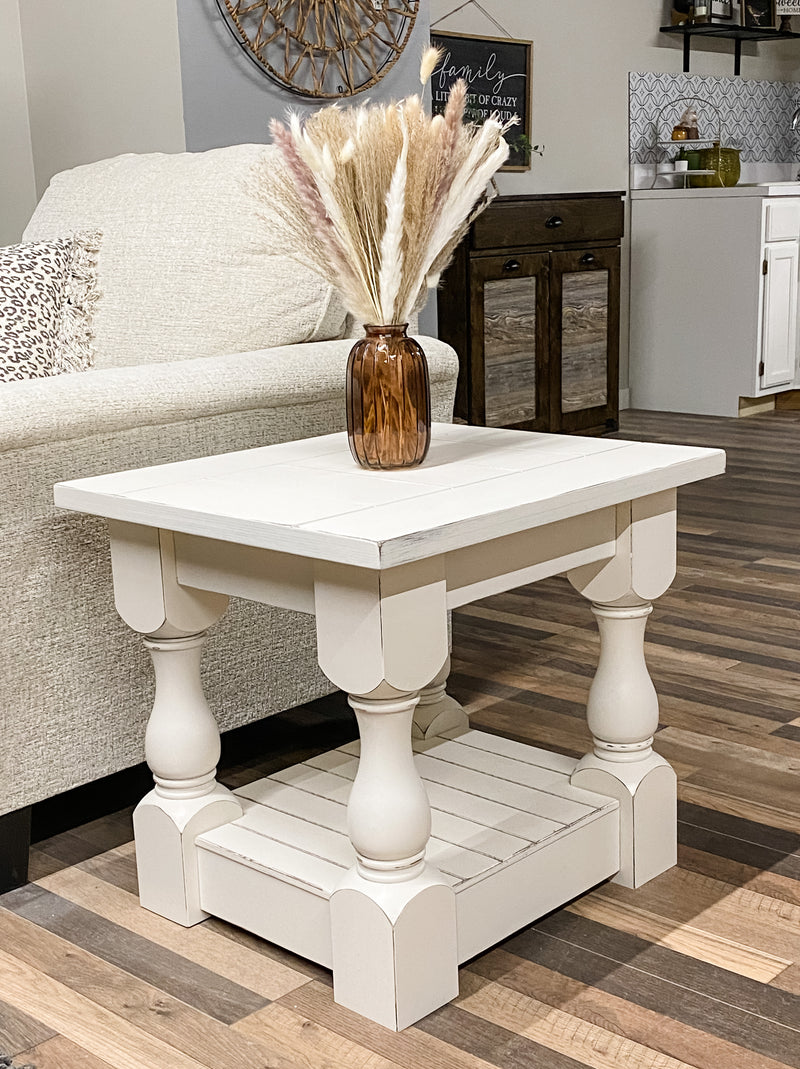 Rustic Baluster farmhouse End table ivory distressed