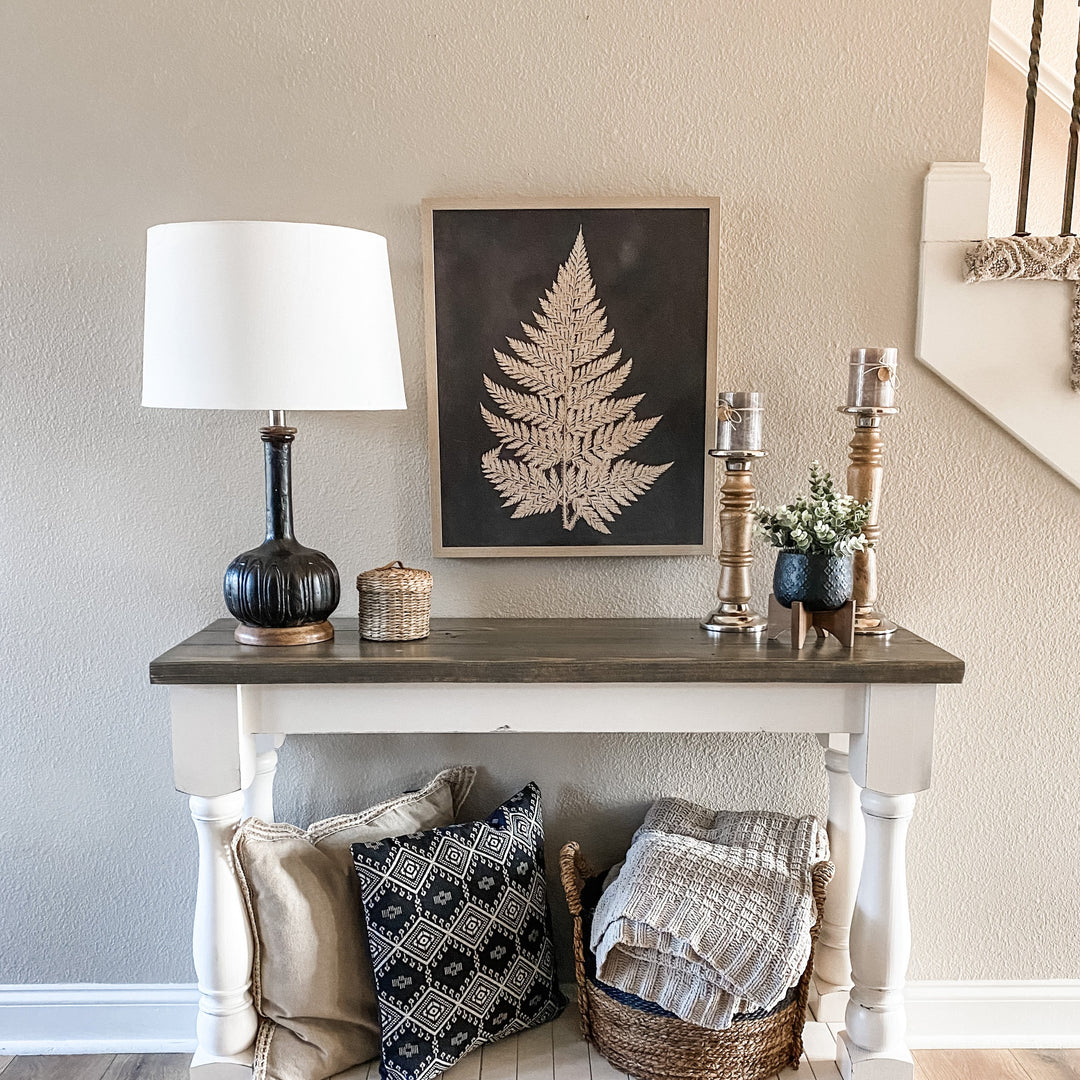 Entry table, console table, sofa table with baluster legs, aged barrel\