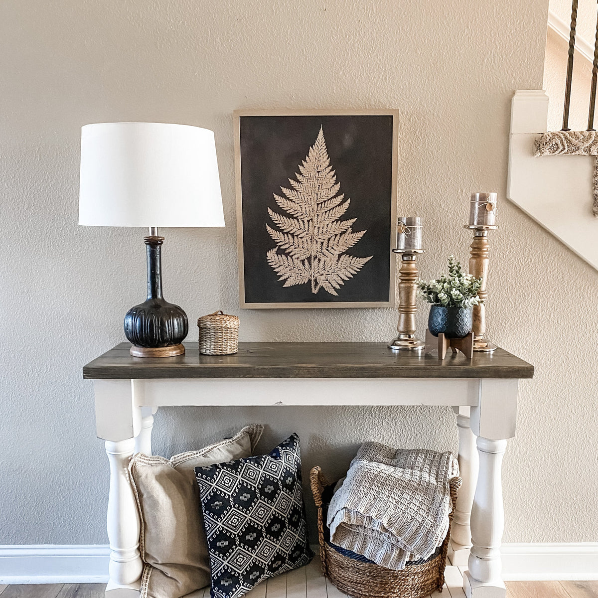 Entry table, console table, sofa table with baluster legs, aged barrel\