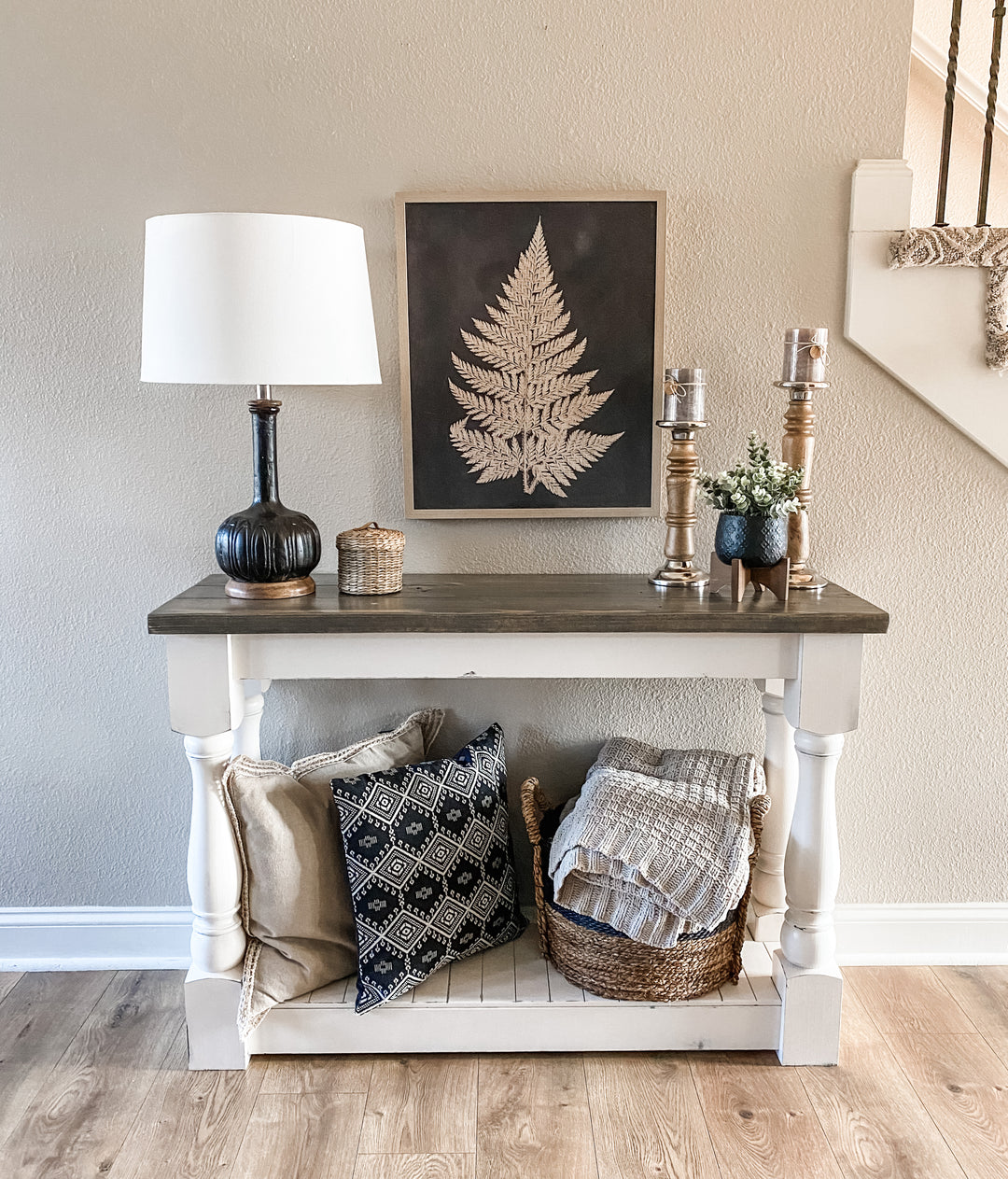 Entry table, console table, sofa table with baluster legs, aged barrel Media 2 of 8