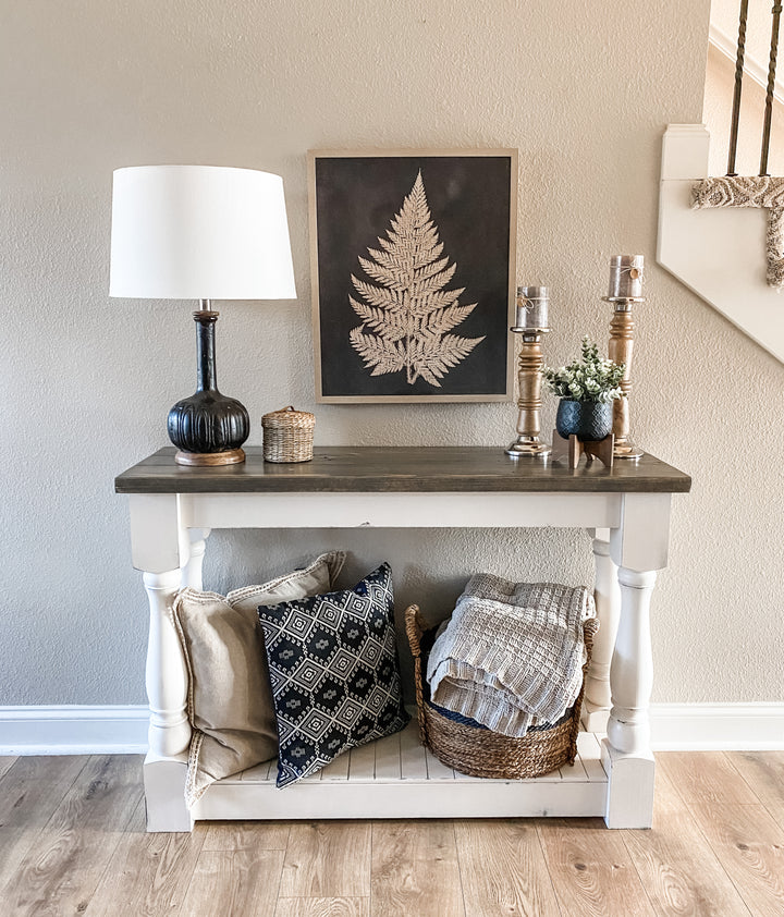 Entry table, console table, sofa table with baluster legs, aged barrel Media 2 of 8