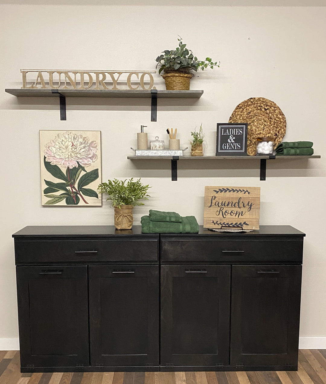 Handmade quad laundry hamper with a storage drawer in black stain