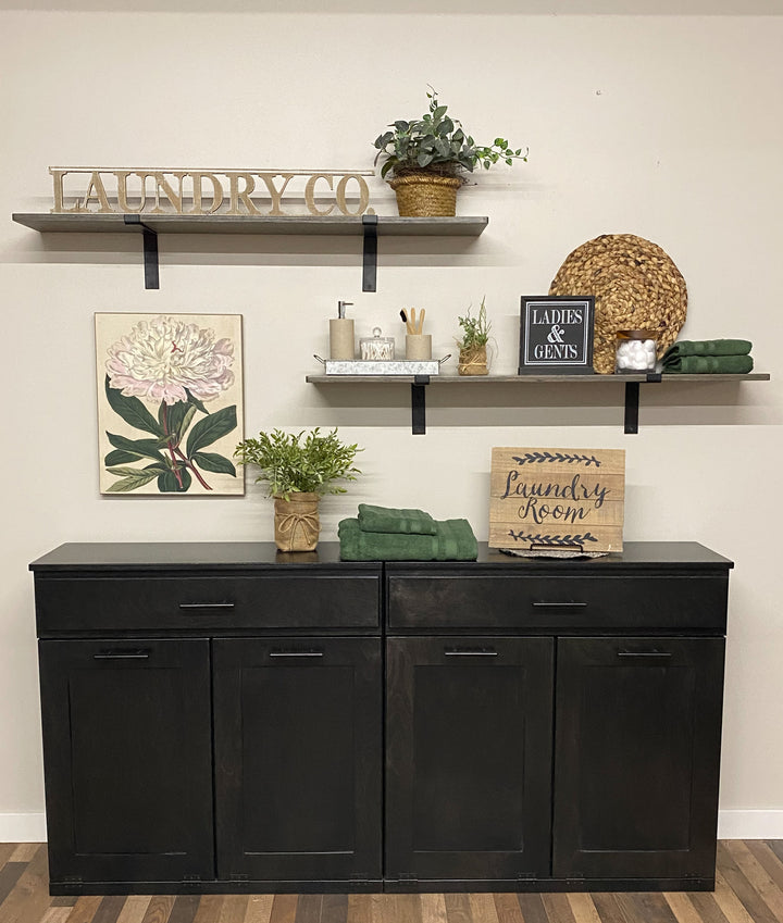 Handmade quad laundry hamper with a storage drawer in black stain