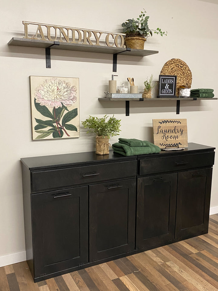 Handmade quad laundry hamper with a storage drawer in black stain