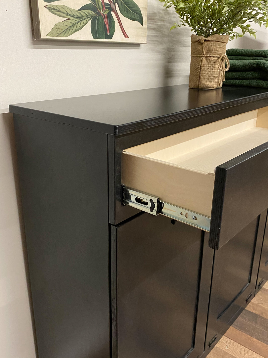 Handmade quad laundry hamper with a storage drawer in black stain