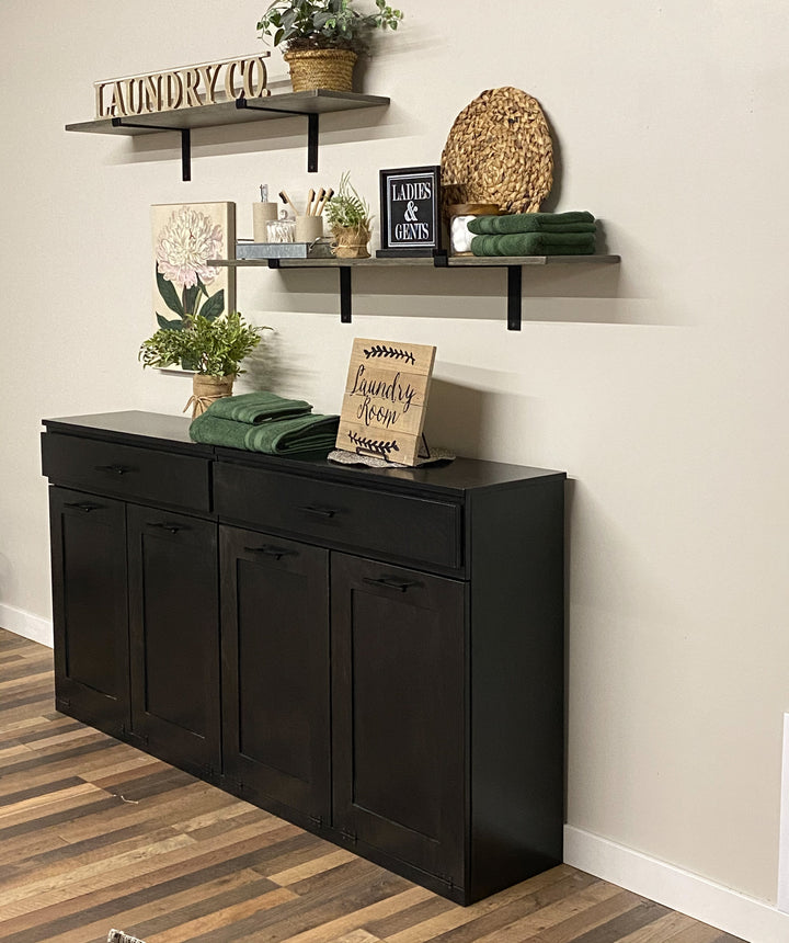 Handmade quad laundry hamper with a storage drawer in black stain