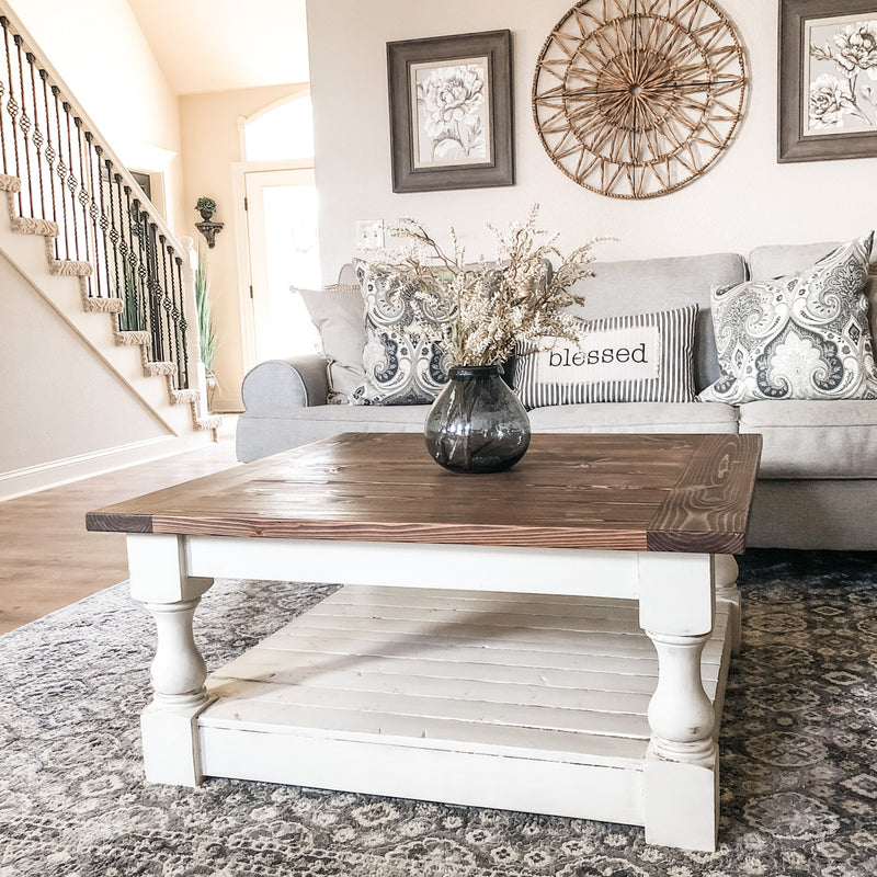Rustic Baluster farmhouse Coffee Table provincial stain and soft ivory paint