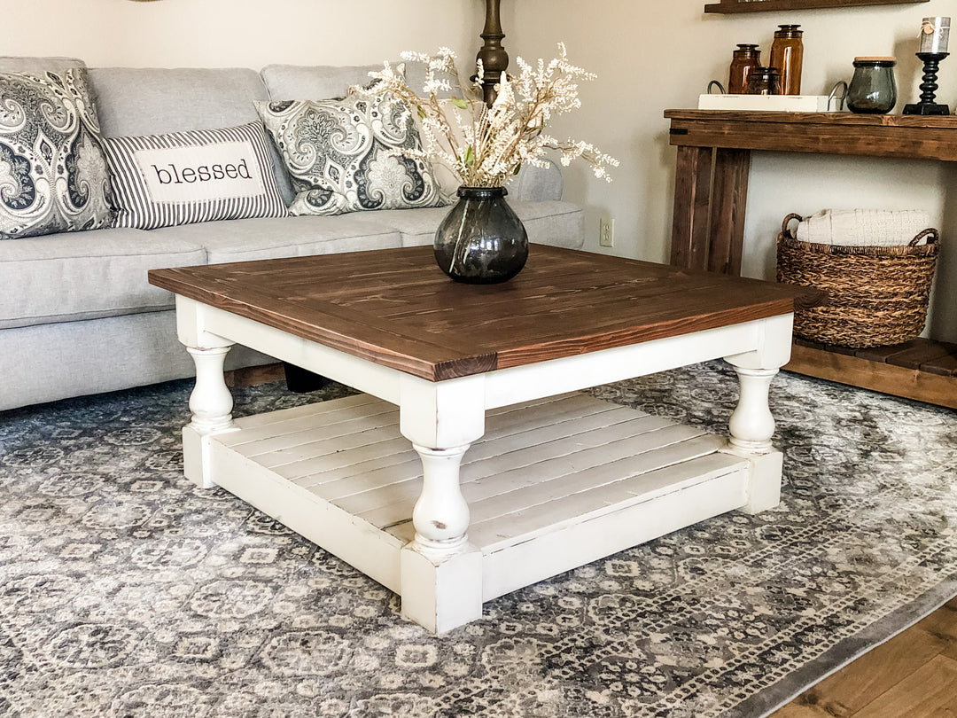 Rustic baluster square farmhouse coffee table distressed warm brown