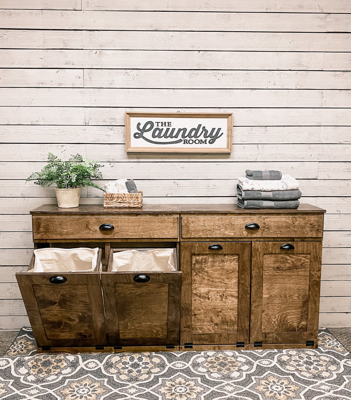 Quad laundry with a storage drawer in warm brown stain