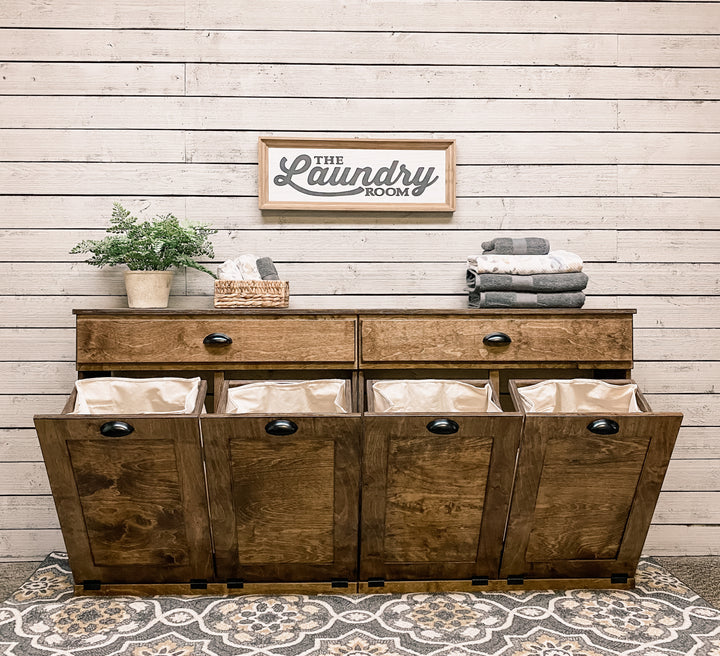 Quad laundry with a storage drawer in warm brown stain