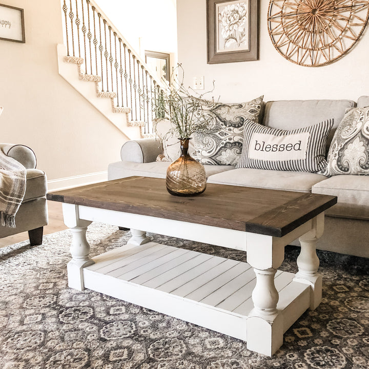 Rustic baluster rectangle farmhouse coffee table distressed dark brown stain