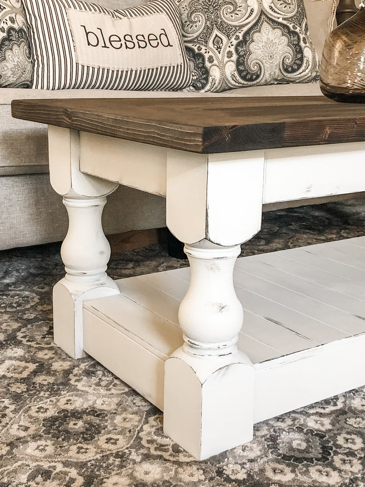 Rustic baluster rectangle farmhouse coffee table distressed dark brown stain