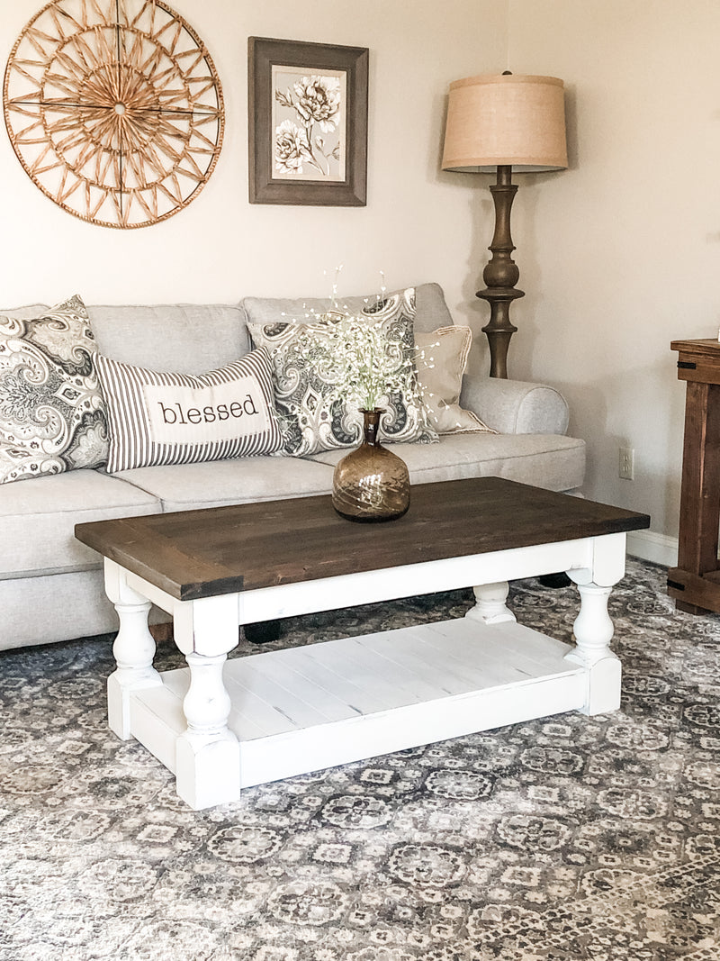 Rustic Baluster Rectangle Farmhouse Coffee Table Distressed Dark Brown Stain
