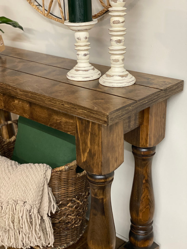 Entry table with baluster legs fully stained