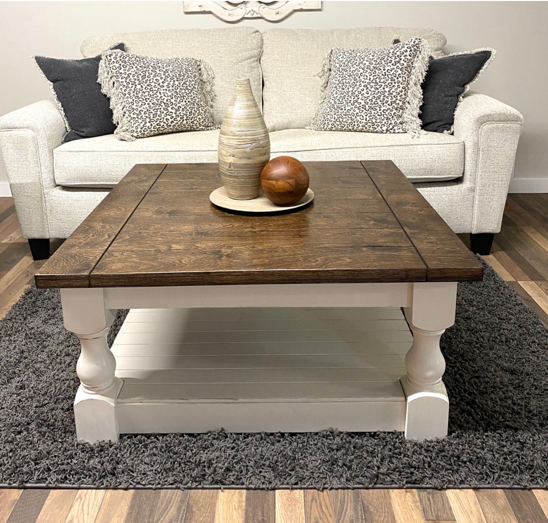 Rustic baluster square farmhouse coffee table distressed with dark brown top