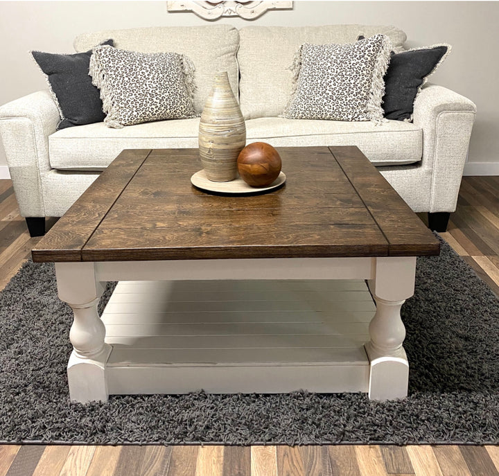 Rustic baluster square farmhouse coffee table distressed with dark brown top