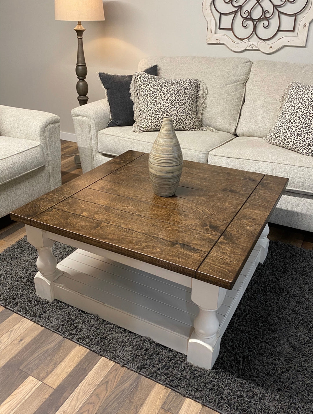 Rustic baluster square farmhouse coffee table distressed with dark brown top