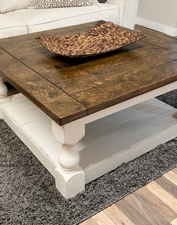 Rustic baluster square farmhouse coffee table distressed with dark brown top