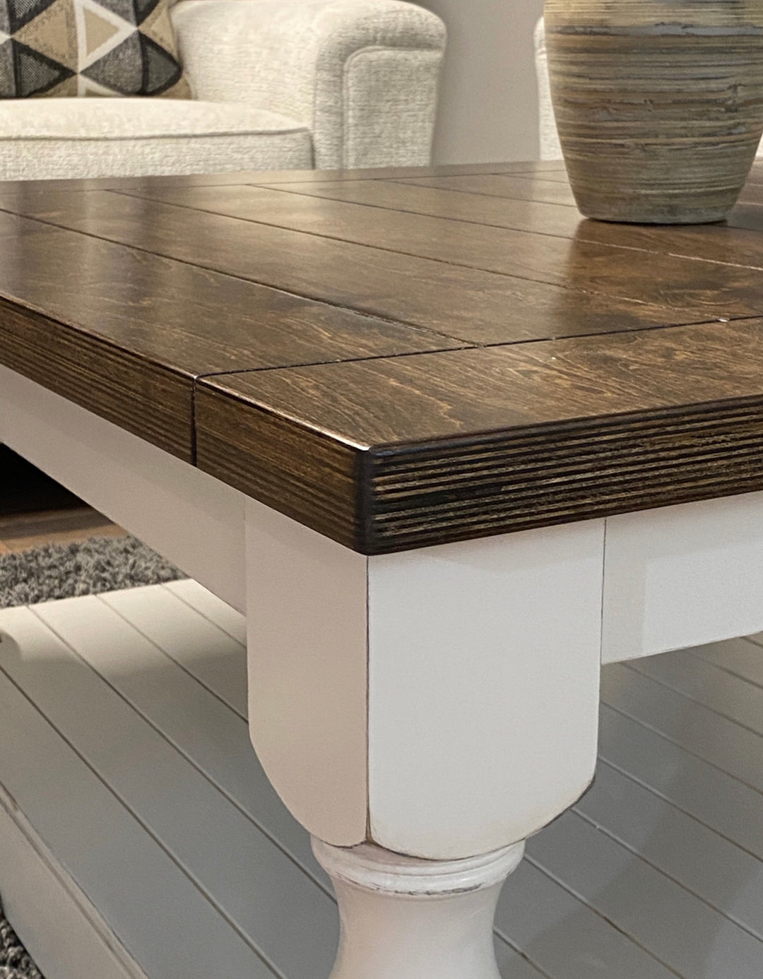 Rustic baluster square farmhouse coffee table distressed with dark brown top
