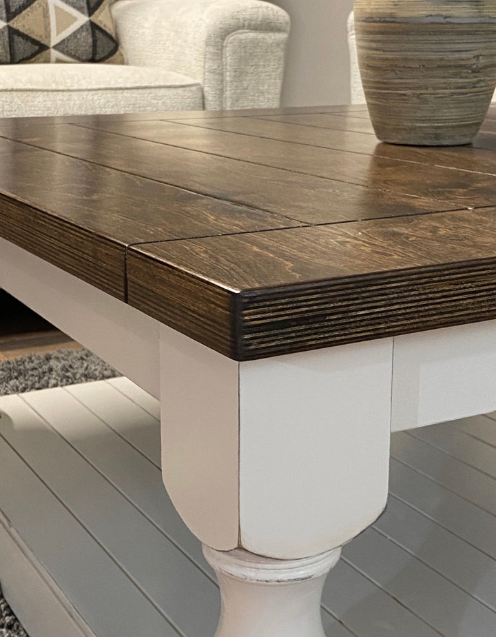 Rustic baluster square farmhouse coffee table distressed with dark brown top