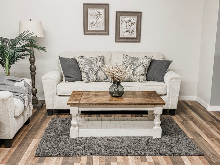 Baluster rectangle farmhouse coffee table distressed with warm brown top