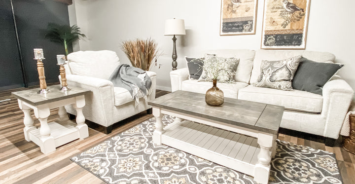 Rustic baluster rectangle farmhouse coffee table distressed aged barrel