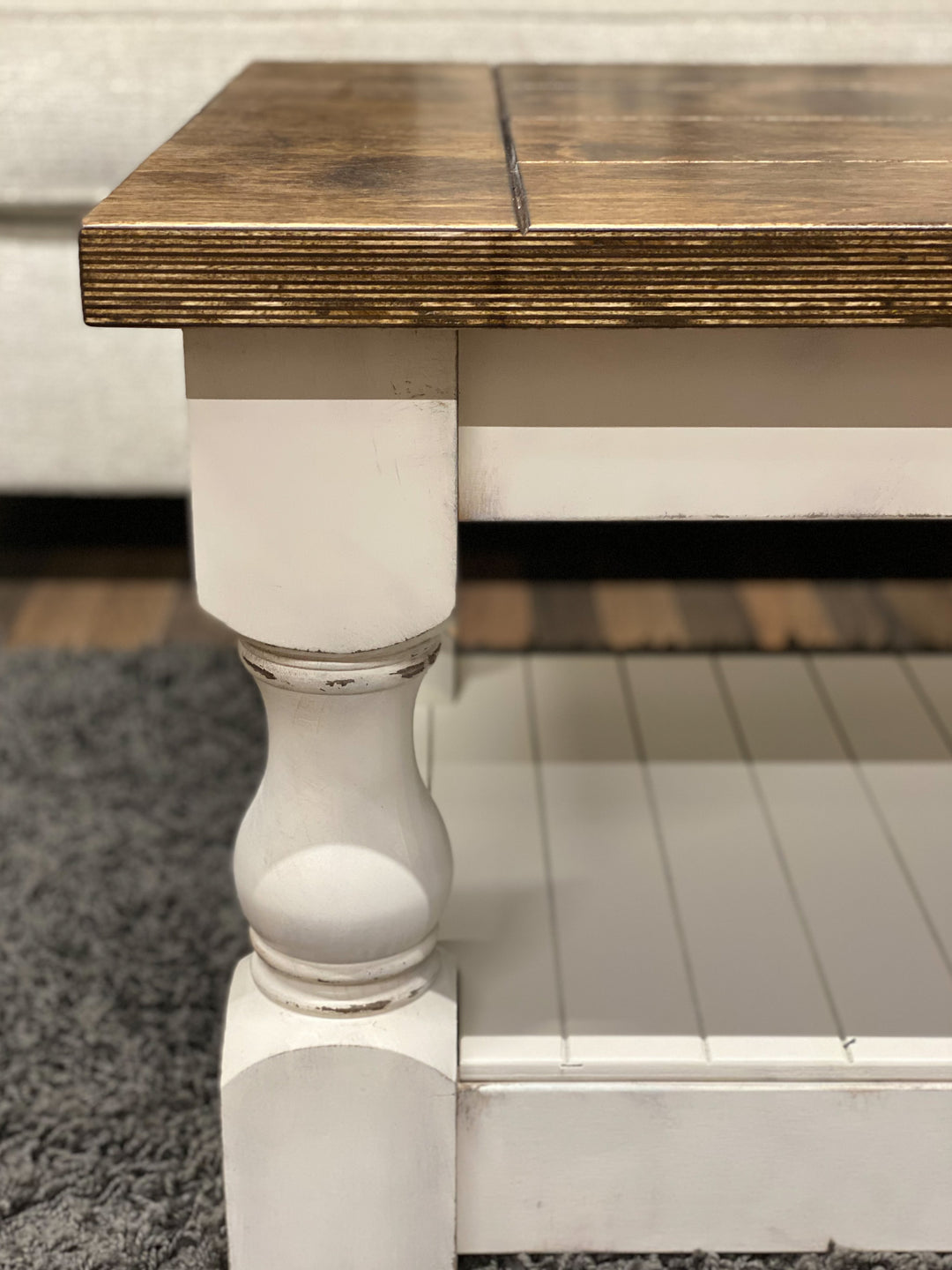 Baluster rectangle farmhouse coffee table distressed with warm brown top