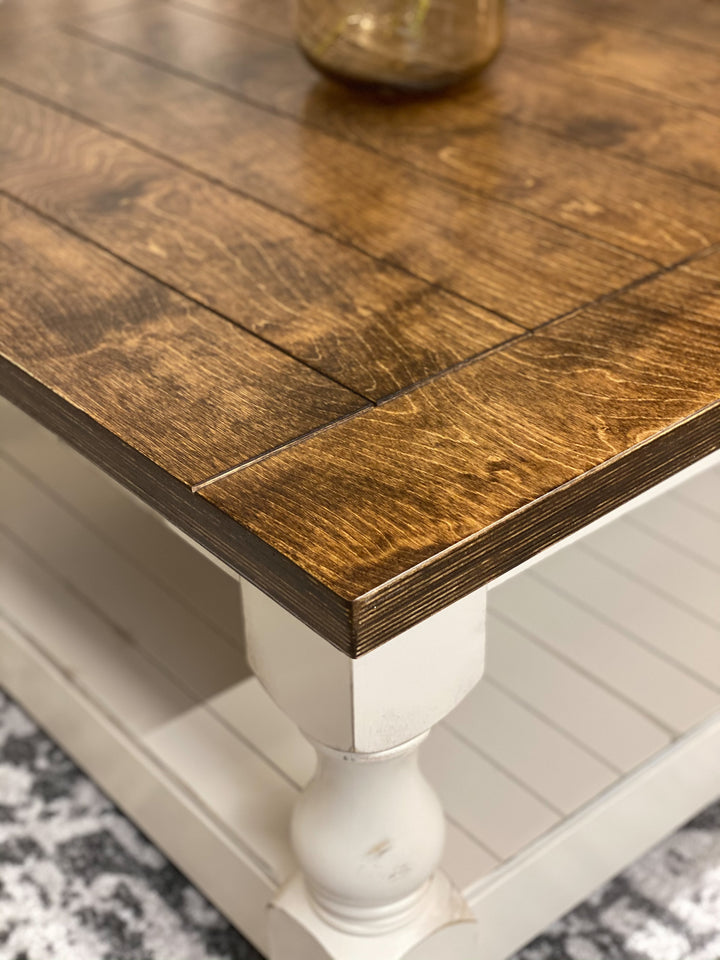 Rustic baluster square farmhouse coffee table distressed warm brown