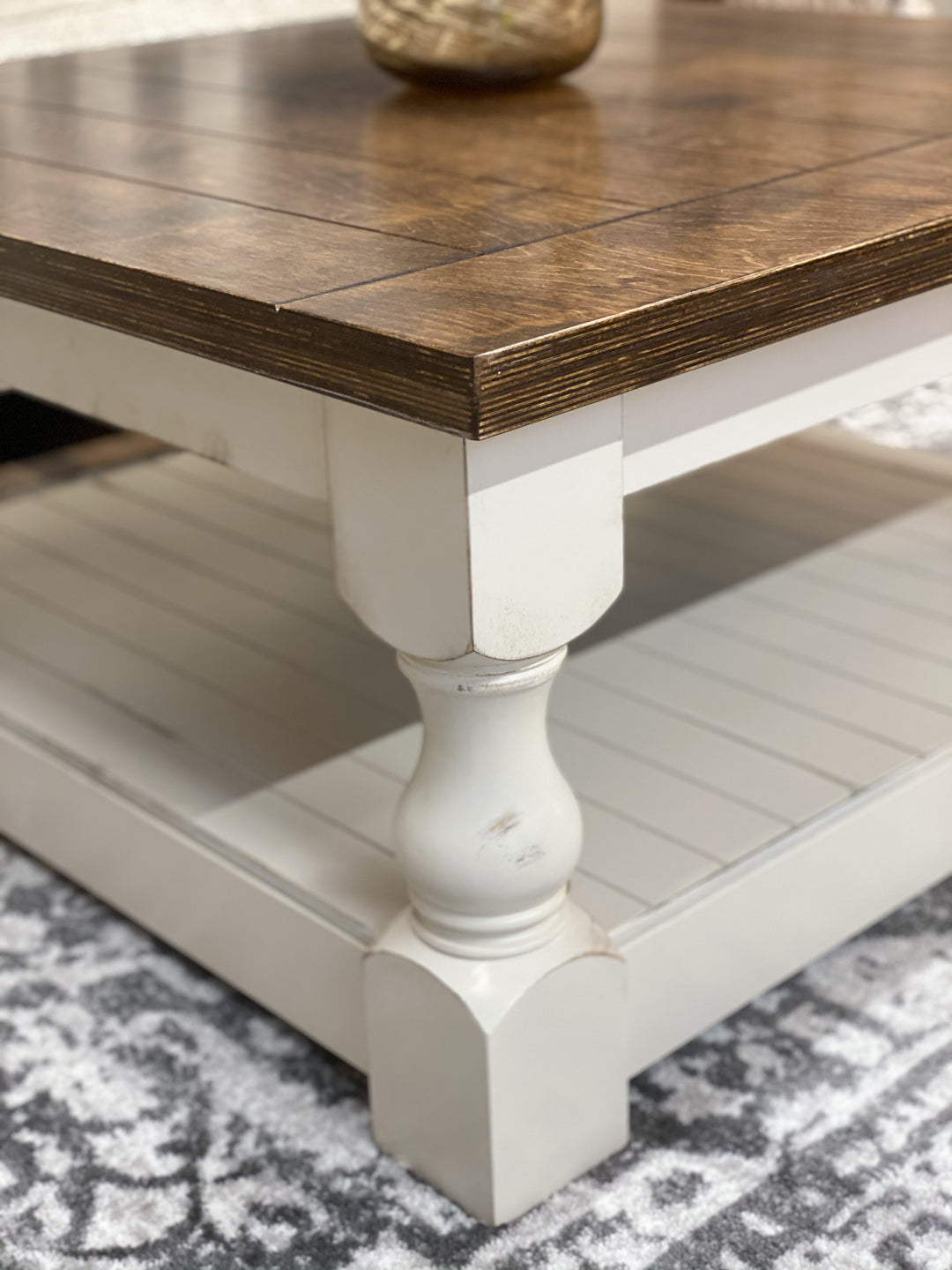 Rustic baluster square farmhouse coffee table distressed warm brown