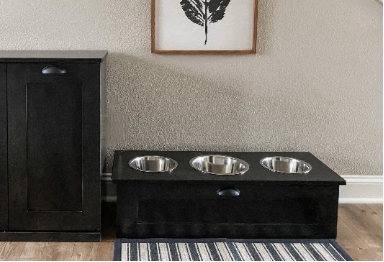 3 bowl elevated pet feeder with storage drawer in black stain