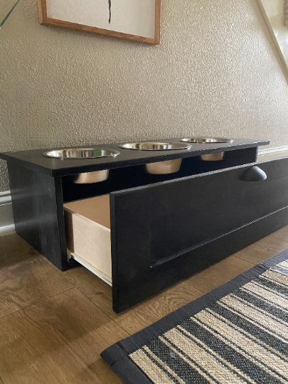 3 bowl elevated pet feeder with storage drawer in black stain