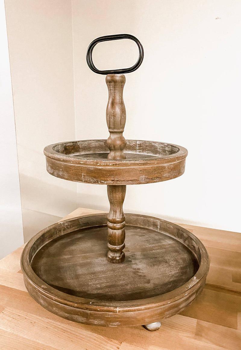 Two tier tray in brown distressed finish.