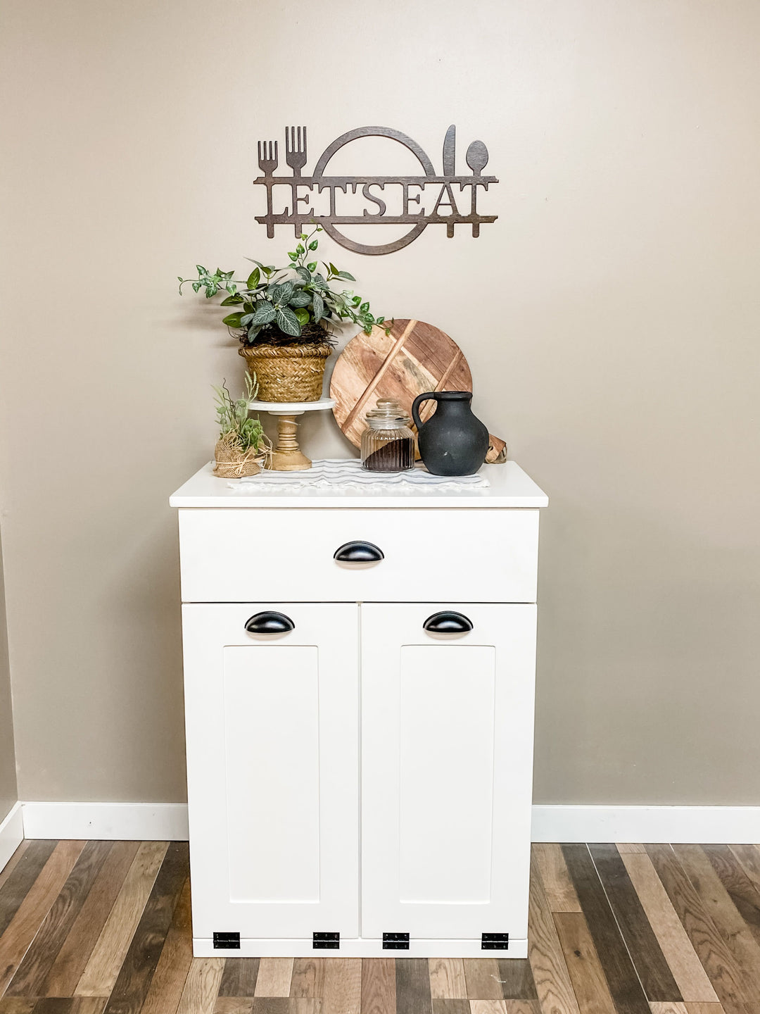 Narrow double cabinet to hide trash with a storage drawer in white