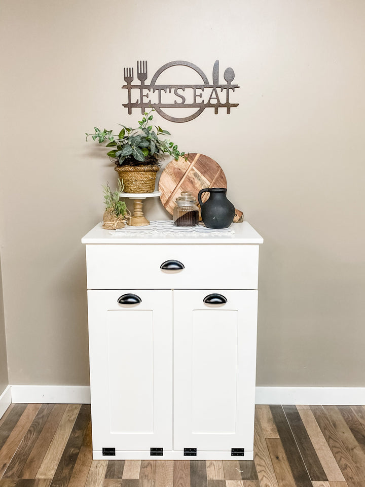 Narrow double cabinet to hide trash with a storage drawer in white