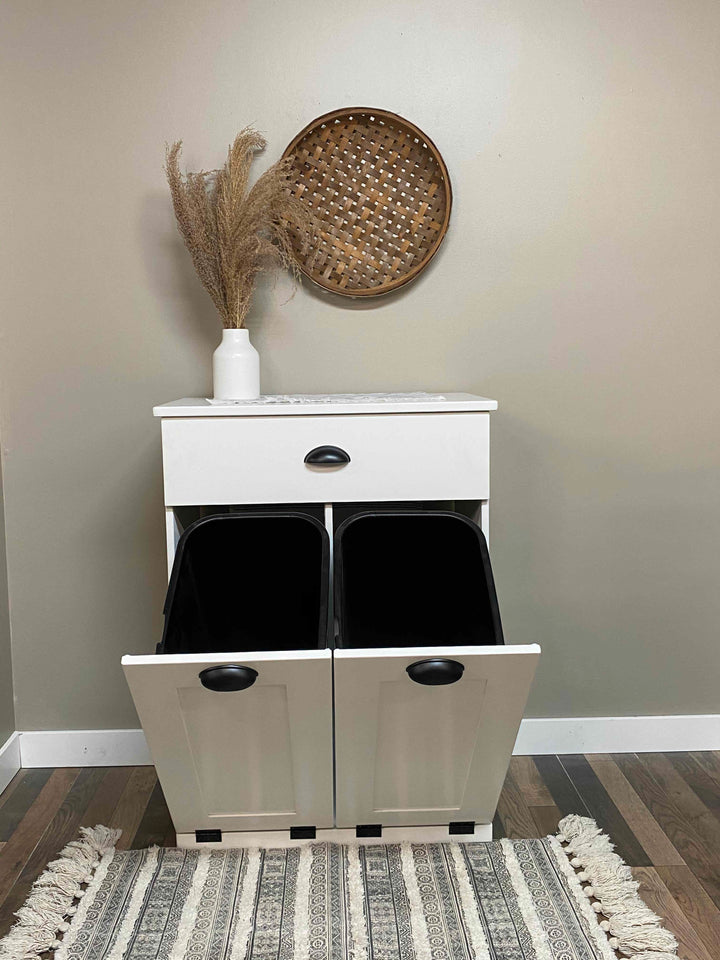 Narrow double cabinet to hide trash with a storage drawer in white