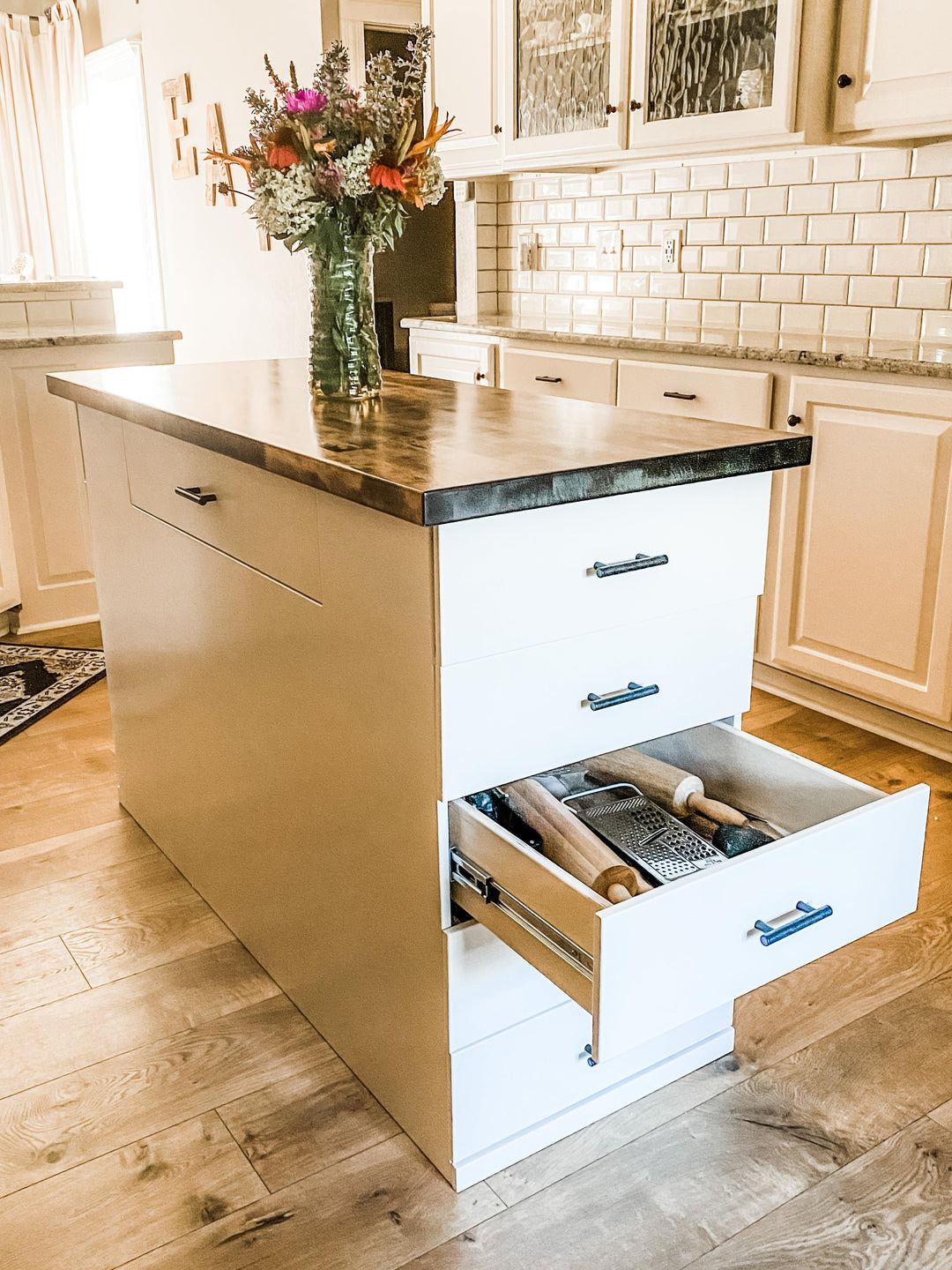 Kitchen Island with Pull-Out Trash Cabinet &amp; Drawers - Butcher Block Top - Handmade