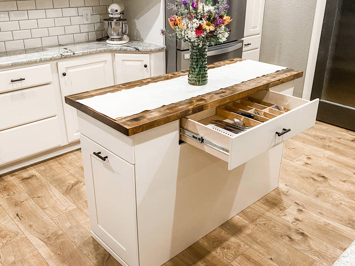 Kitchen Island with Pull-Out Trash Cabinet &amp; Drawers - Butcher Block Top - Handmade