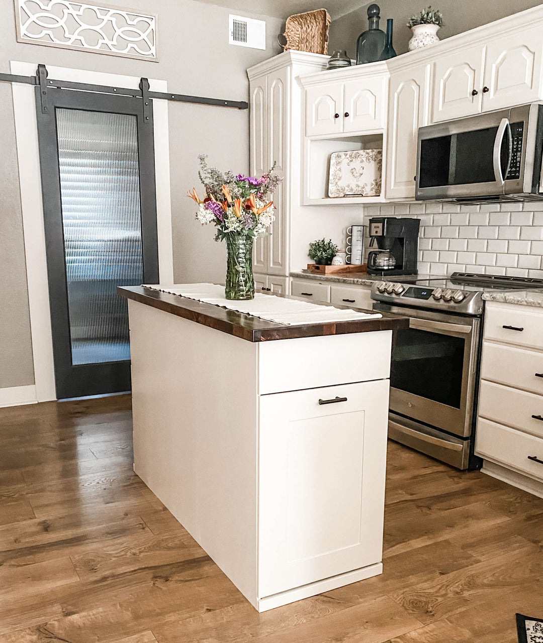 Kitchen Island with Pull-Out Trash Cabinet &amp; Drawers - Butcher Block Top - Handmade